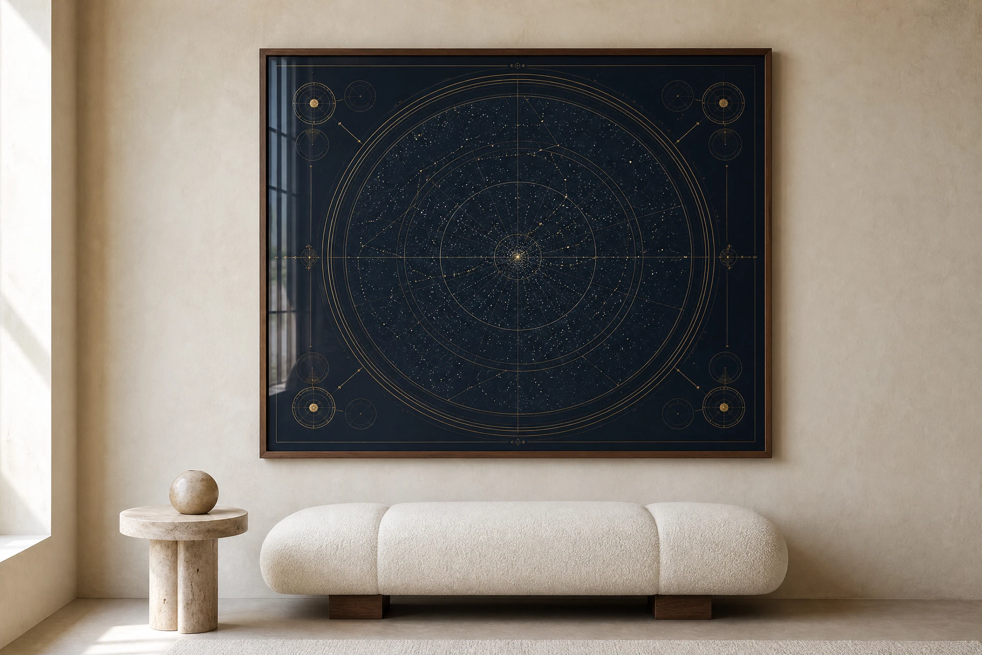 Framed personalized star map in a refined neutral interior