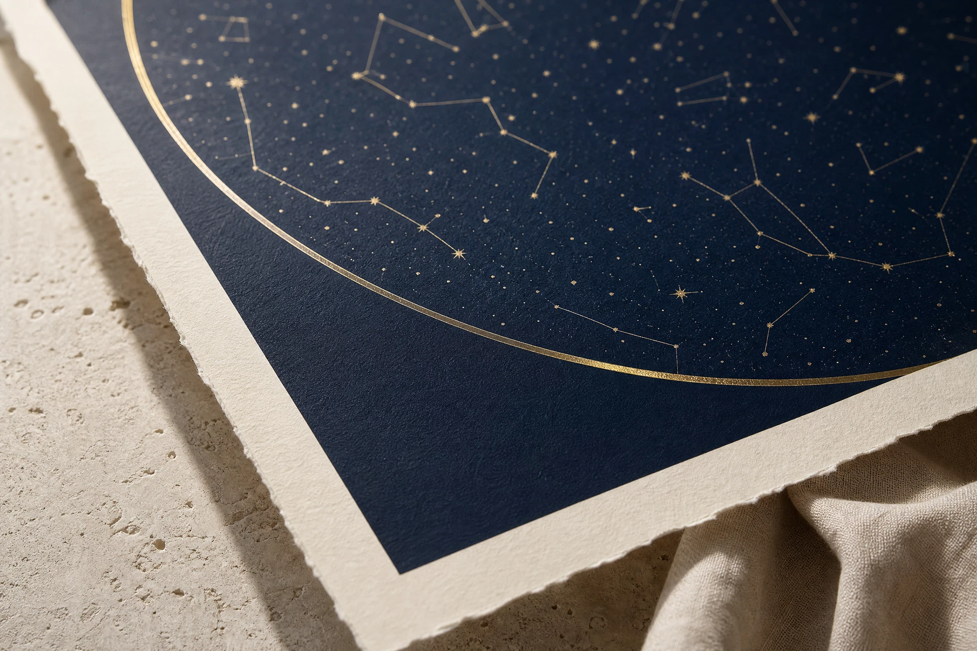 Close detail of a midnight star map printed on textured archival paper
